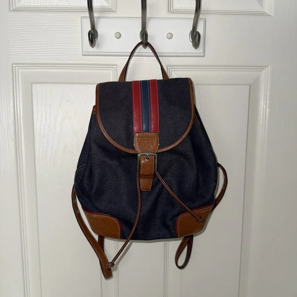Vintage Coach Denim Blue Chambray Red Brown Leather Trim Backpack Purse 2004